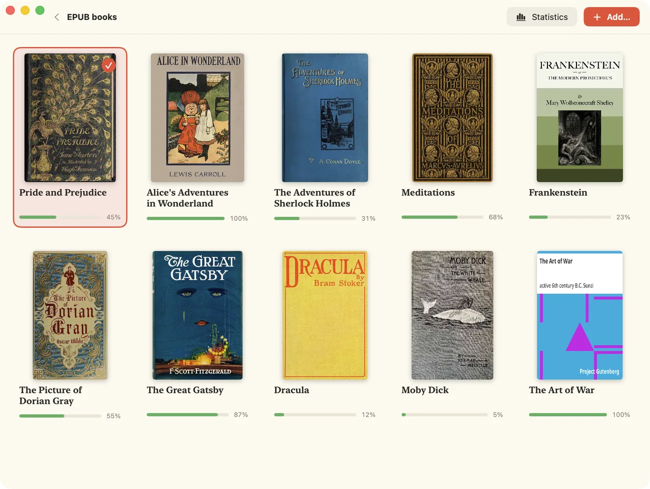The Bookidoro Library: book covers with progress bars and a checkmark on the book being read