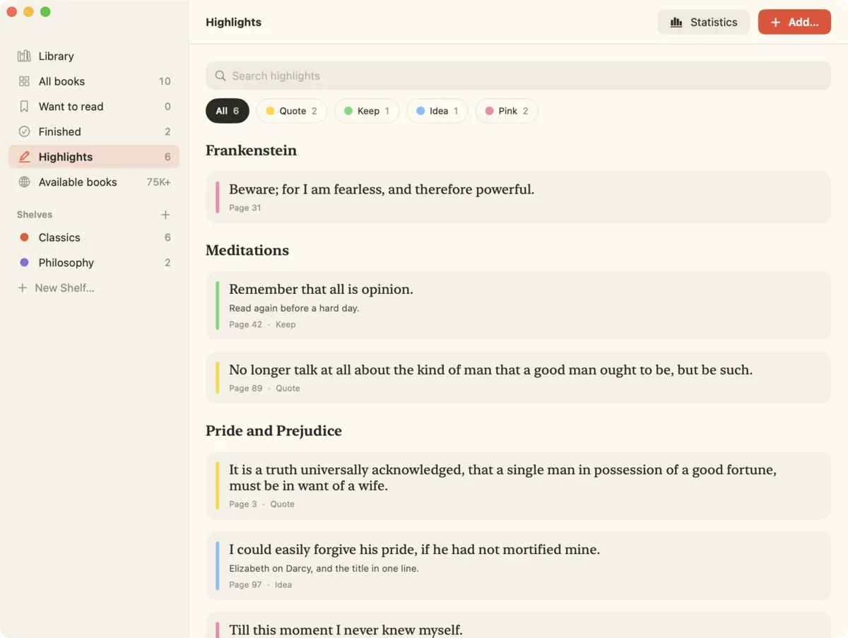 Highlights with colour labels and notes