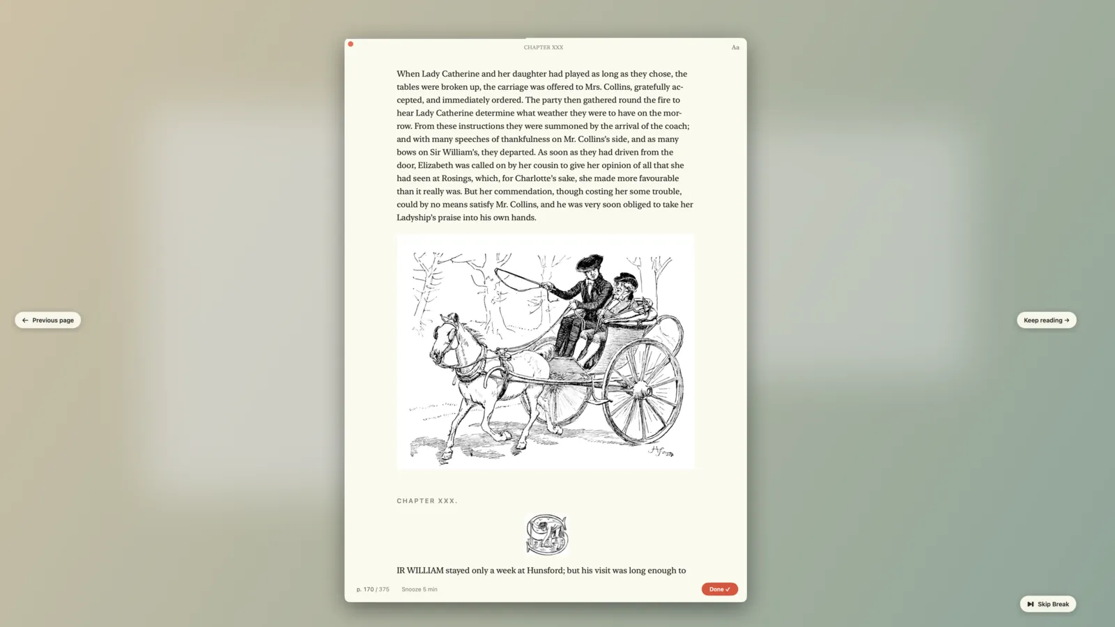 A reading break on the Mac: the next pages of Pride and Prejudice over a blurred desktop